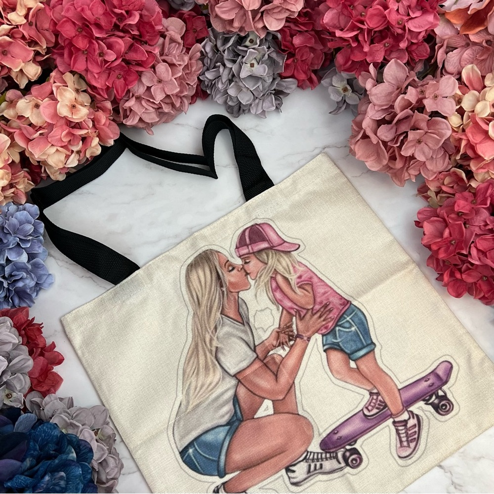 Eco-Friendly Cool Mom with Tom-Boy Skater Daughter Folding Tote Bag - Picture 3 of 14